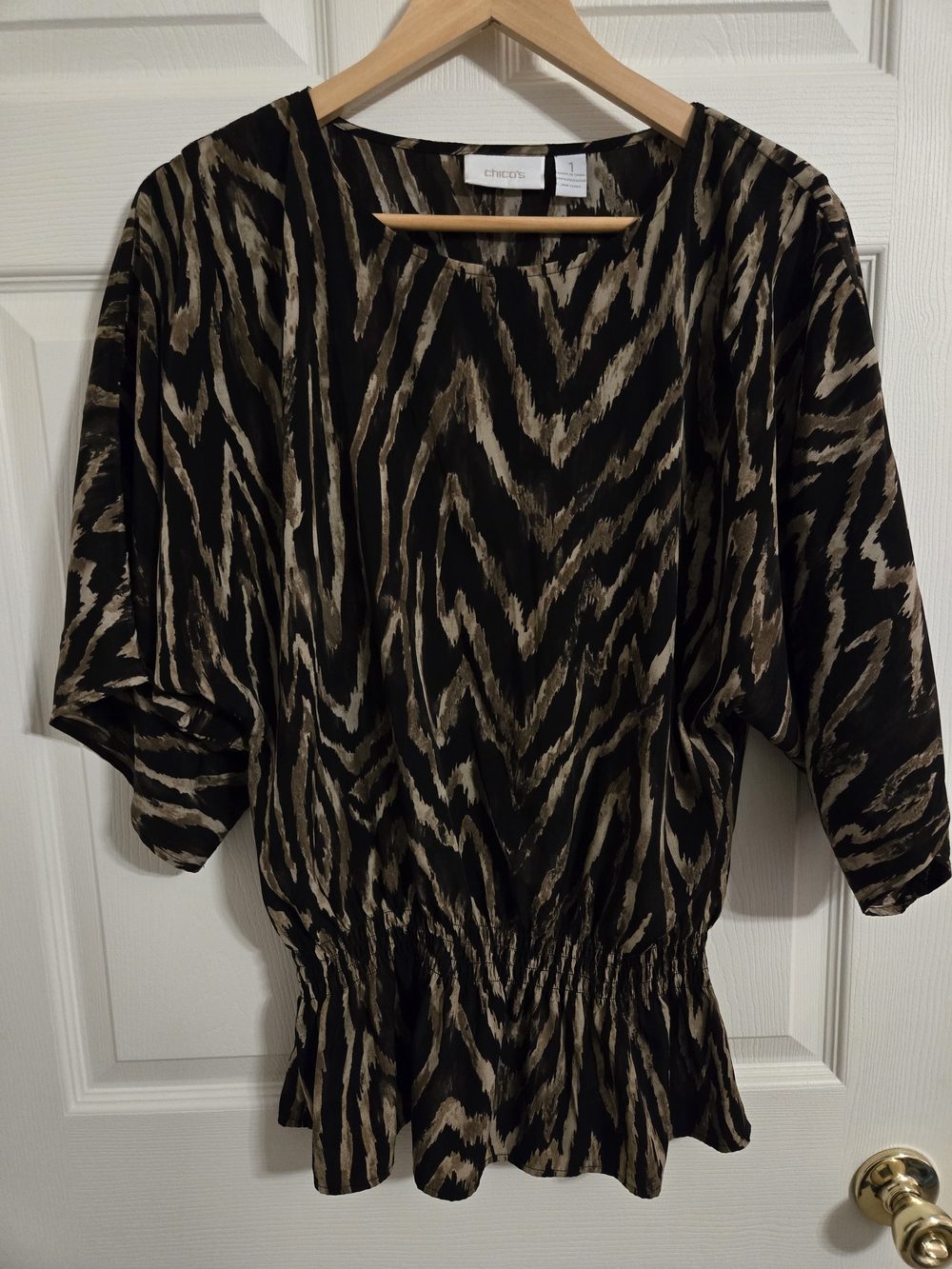 Chico's Black and Taupe Zebra Print Peplum Blouse Size 1